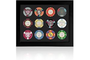 ALLENKWOK Poker Chip Display Frame for 12 Chips, 9.8"x7.9" with EVA Foam Lining & Black Flocked Fabric, Wall Mount or Tabletop Display