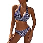 KOKITA Women's Mid Rise Bikini Suit Halter Neck V Tie Push Up Front Classic Polka Dot Two Swimsuit