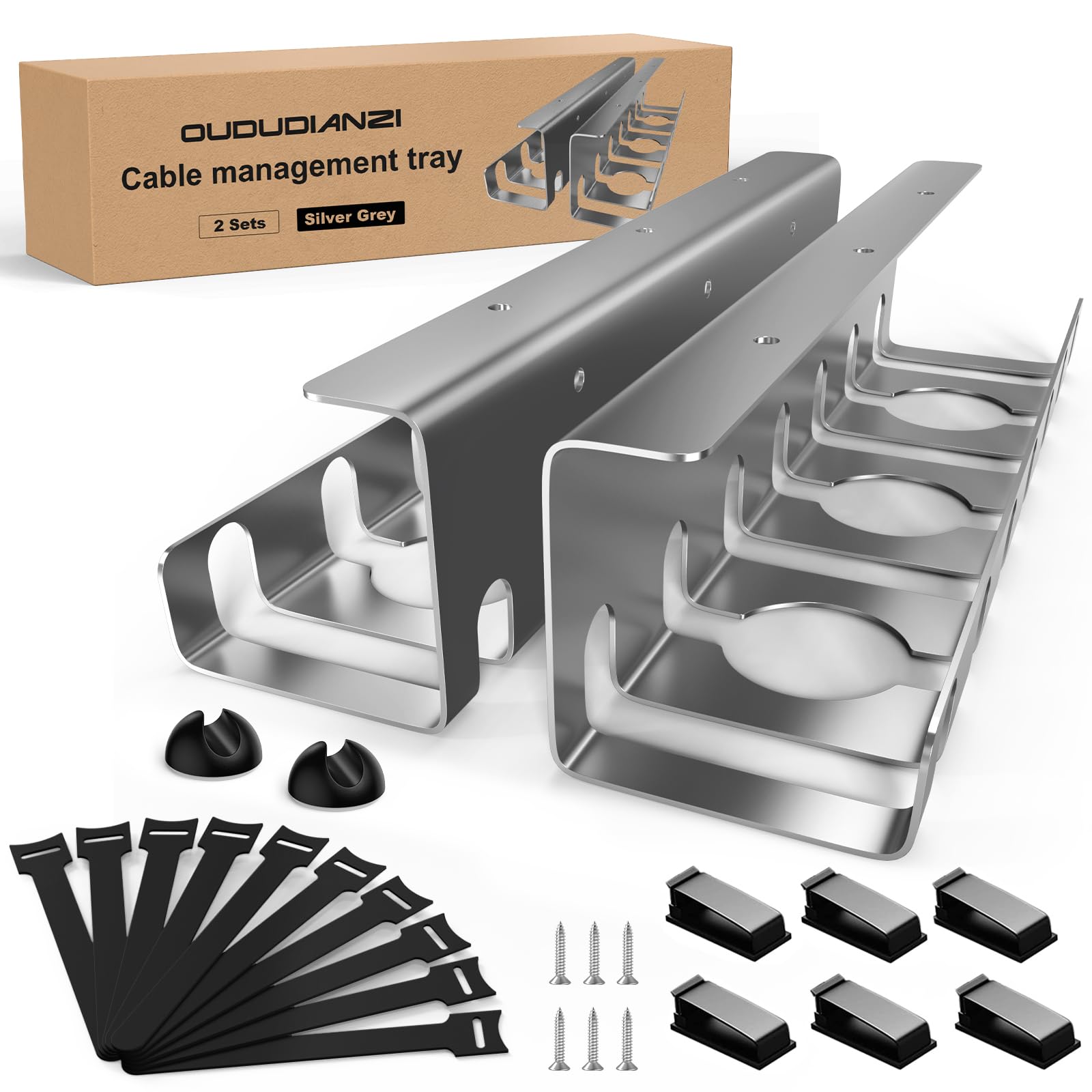 Oududianzi 2-Pack Under Desk Cable Management, Stainless Steel Cable Organizer Tray- 43CM, Includes Accessories, Keeping Cable Desk Tidy for Office and Home (Silver grey) — image 1