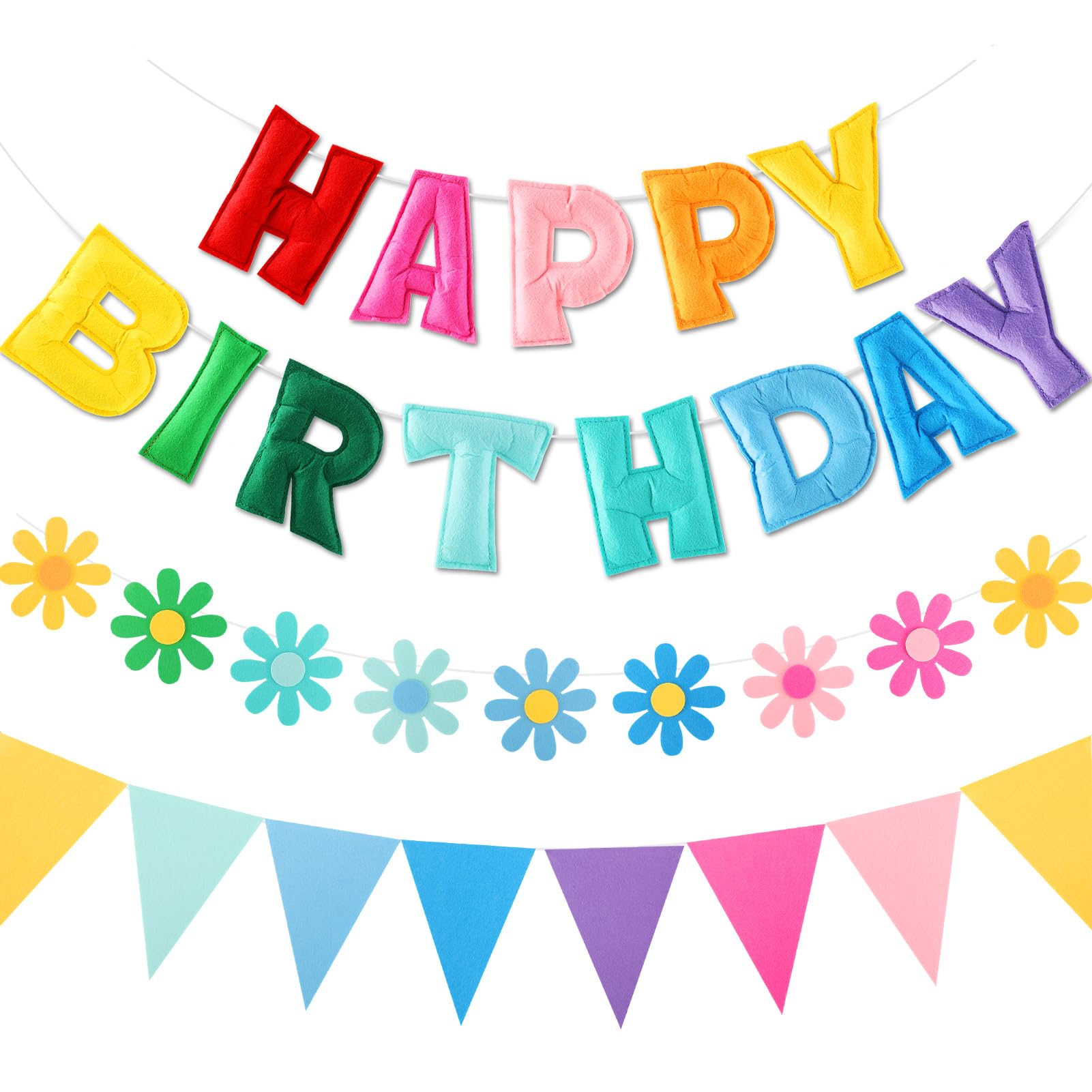 YEOCU Felt Birthday Decorations, NO DIY, Pre-Strung 3D Felt Happy Birthday Banner with Fabric Flower Garland, Colorful Triangle Flags, Birthday Party Decorations for Women Men Boys Girls (Rainbow)