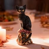 FURUBETA Gothic Black Cat Skull Statue, Resin Skeleton Sculpture for Home Decor, Spooky Witchy Dark Academia Figurine, Fall Halloween Thanksgiving Christmas Birthday Gift for Goth Women Men