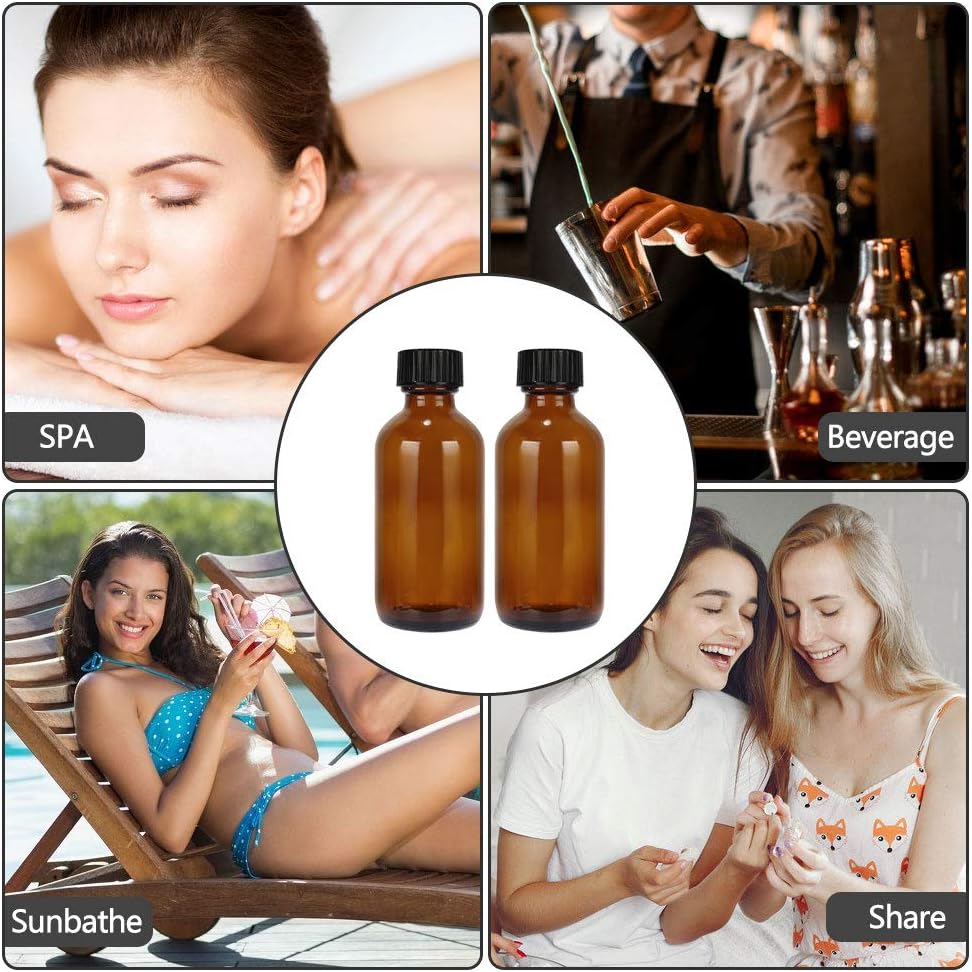 2 oz Glass Boston Bottles with Poly Cone Cap,Brush,Funnels and Labels, Amber Dispensing Bottles for Essential Oils, Chemical Lab,Home, Wedding Decor. Set of 12 Pack.