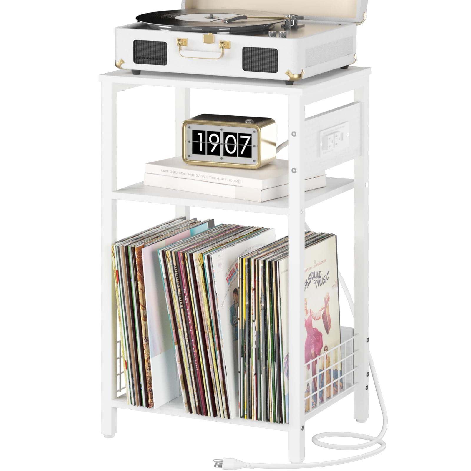 Photo 1 of Yoobure Record Player Stand, 3-Tier White Side Table with Charging Station, Small End Table Nightstand with Vinyl Storage, Tall Beside Tables Turntable Stand for Album CD, Night Stand for Living Room