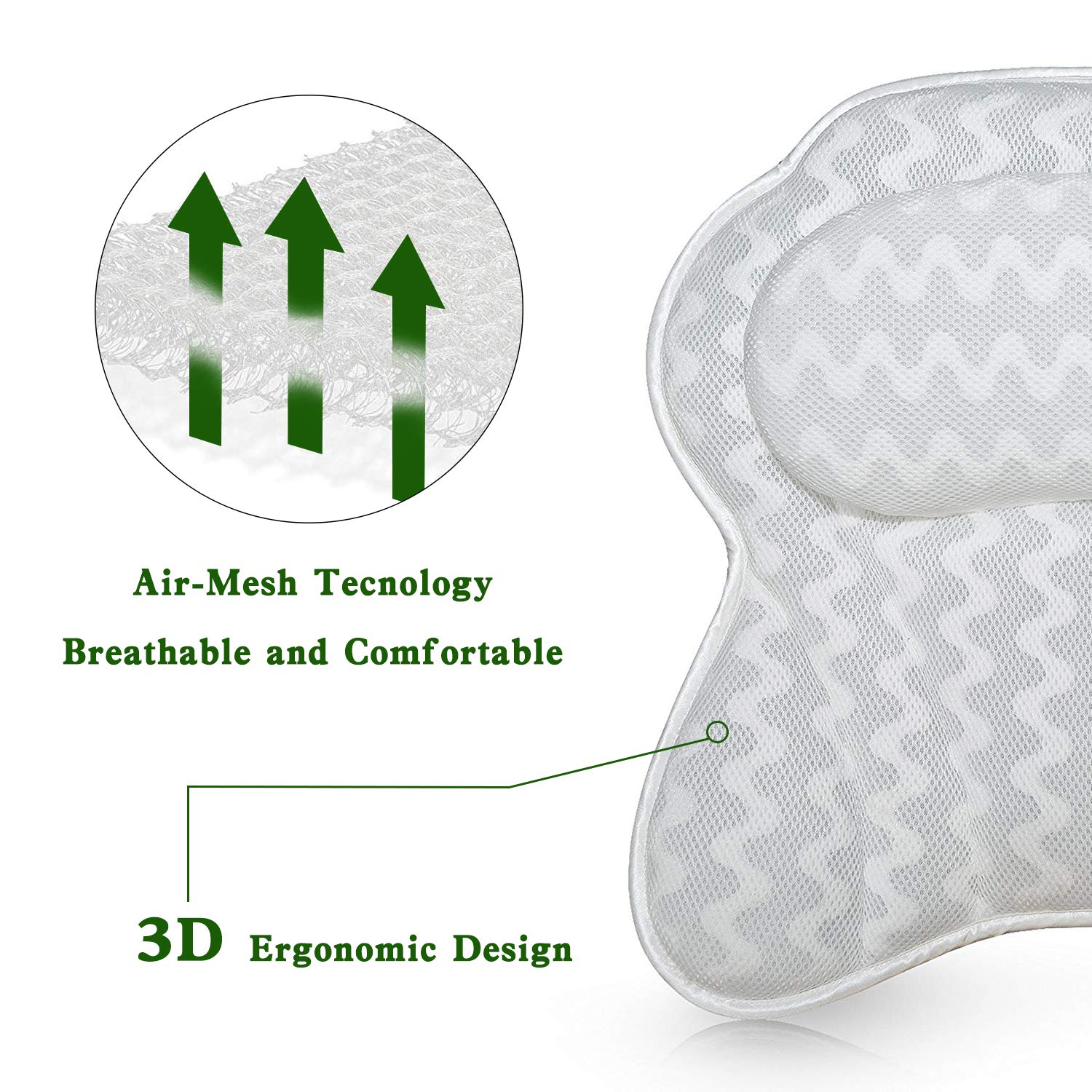 Moyeno Bath Pillow for Bathtub, Luxury Bathtub Pillow For Women Men, Bath Tub Pillow for Back And Head, Ergonomic Comfort Spa Pillow for Straight Back Tub And Neck Head Shoulder Back Support - White : Beauty