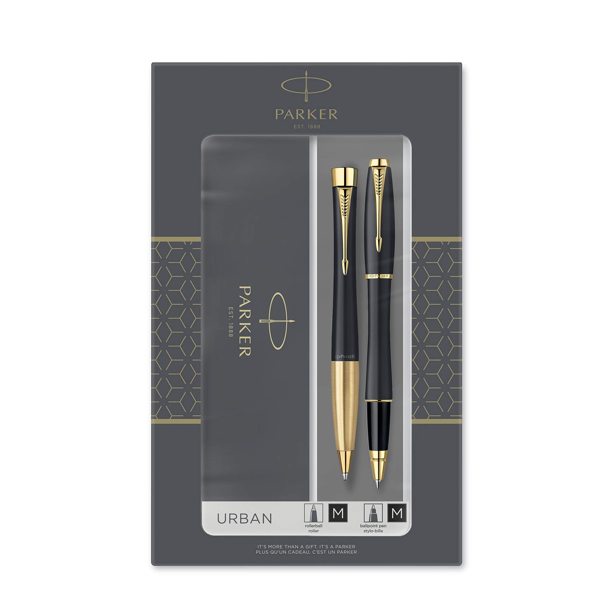 Parker Urban Duo Gift Set with Ballpoint Pen & Rollerball Pen, Muted Black with Gold Trim, Black Ink Refill & Cartridge, Gift Box