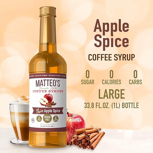 MATTEO’S APPLE SPICE SYRUP FOR COFFEE, LATTES, CAPPUCCINOS & DESSERTS – SUGAR-FREE SWEETENER FOR BEVERAGES, KETO FRIENDLY, ZERO CALORIES, INDULGENT FLAVOR, NON-ALCOHOLIC, IDEAL FOR COFFEE 33.8OZ (1PK)