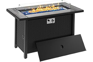 Meilocar 45in Fire Table, Propane Fire Pit with Glass Wind Guard and Rain Cover, Outdoor Firepit Table 50000 BTU 3-in-1 Fire Table for Patio/Yard/Balcony, Gray Tabletop