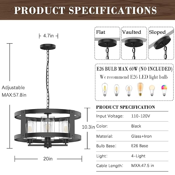 QIANZHAN 4-LIGHT FARMHOUSE CHANDELIER, 20″ BLACK LIGHT FIXTURE WITH GLASS SHADE MODERN DRUM LIGHTING FIXTURES CEILING PENDANT LAMP FOR DINING ROOM KITCHEN ISLAND ENTRANCE FOYER LIVING ROOM BEDROOM