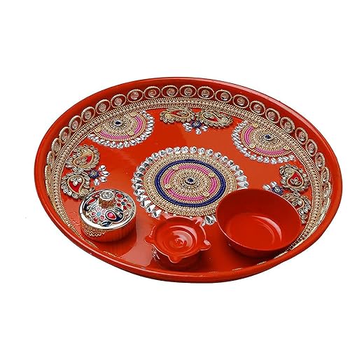 Pooja Thali Plate - Plateau Acier Inoxydable Rouge Avec Articles Pooja Pour Mariage, Diwali Et Festivals Indiens (Taille 10")