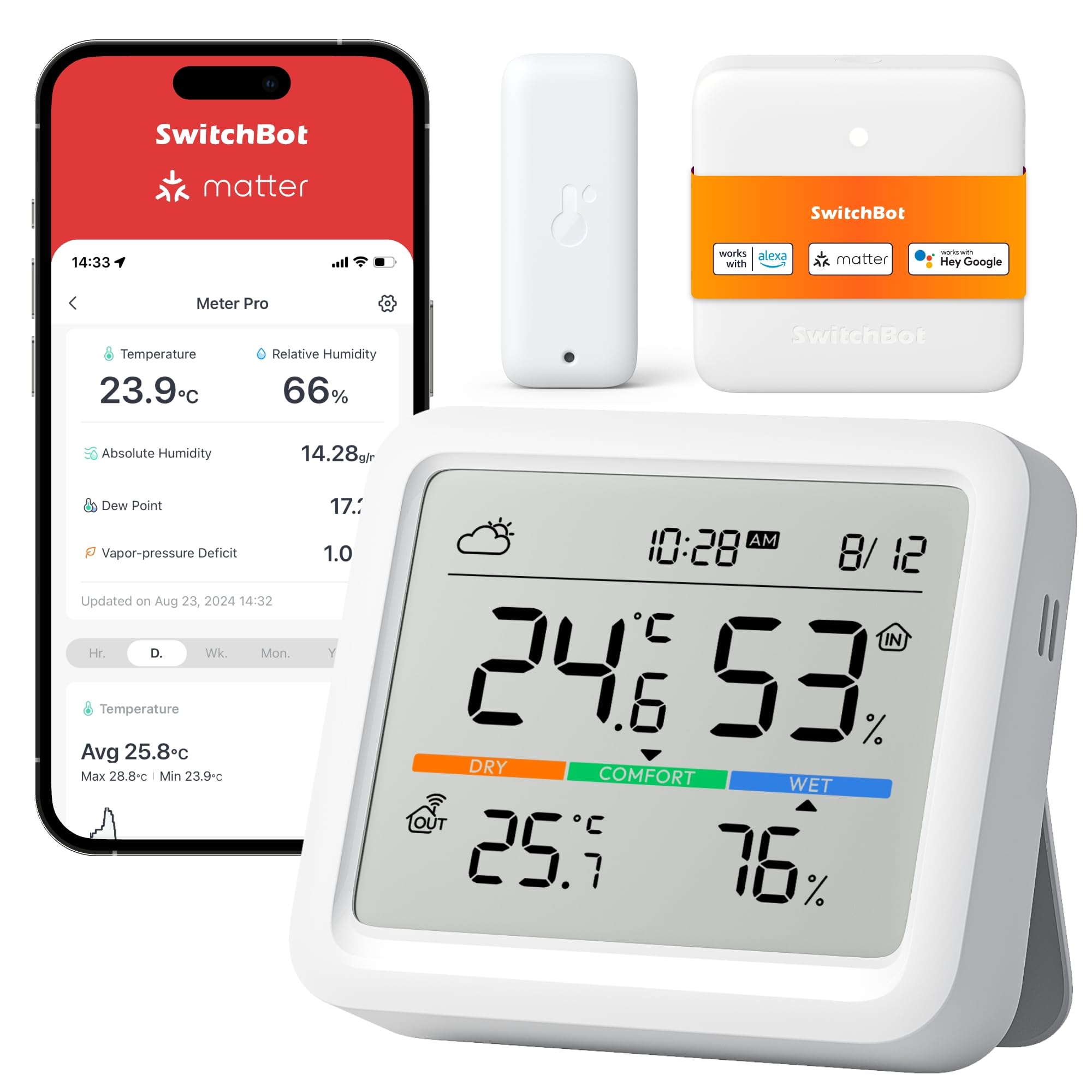 SwitchBot Wlan Wetterstation Funk mit Außensensor, Matter Hygrometer Thermometer Innen, Temperatursensor mit IP65 Außenthermometer und Matter Hub, Kompatibel mit Alexa, Apple Home, Google Home