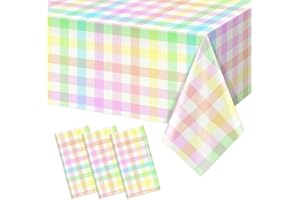 Reyoust 3Pcs Easter Party Tablecovers Blue Pink Yellow Buffalo Plaid Disposable Tablecloth Spring Table Cover Plastic Pastel 