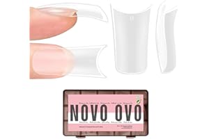 NOVO OVO Extra Thick Duck Feet Nail Tips Full Cover for Press on Acrylic with Moon Curve, Medim Long Clear Pre-Etched Matter Flare Wide French Soft Gel Fake False Nail Extension x 15 Sizes 150 pcs