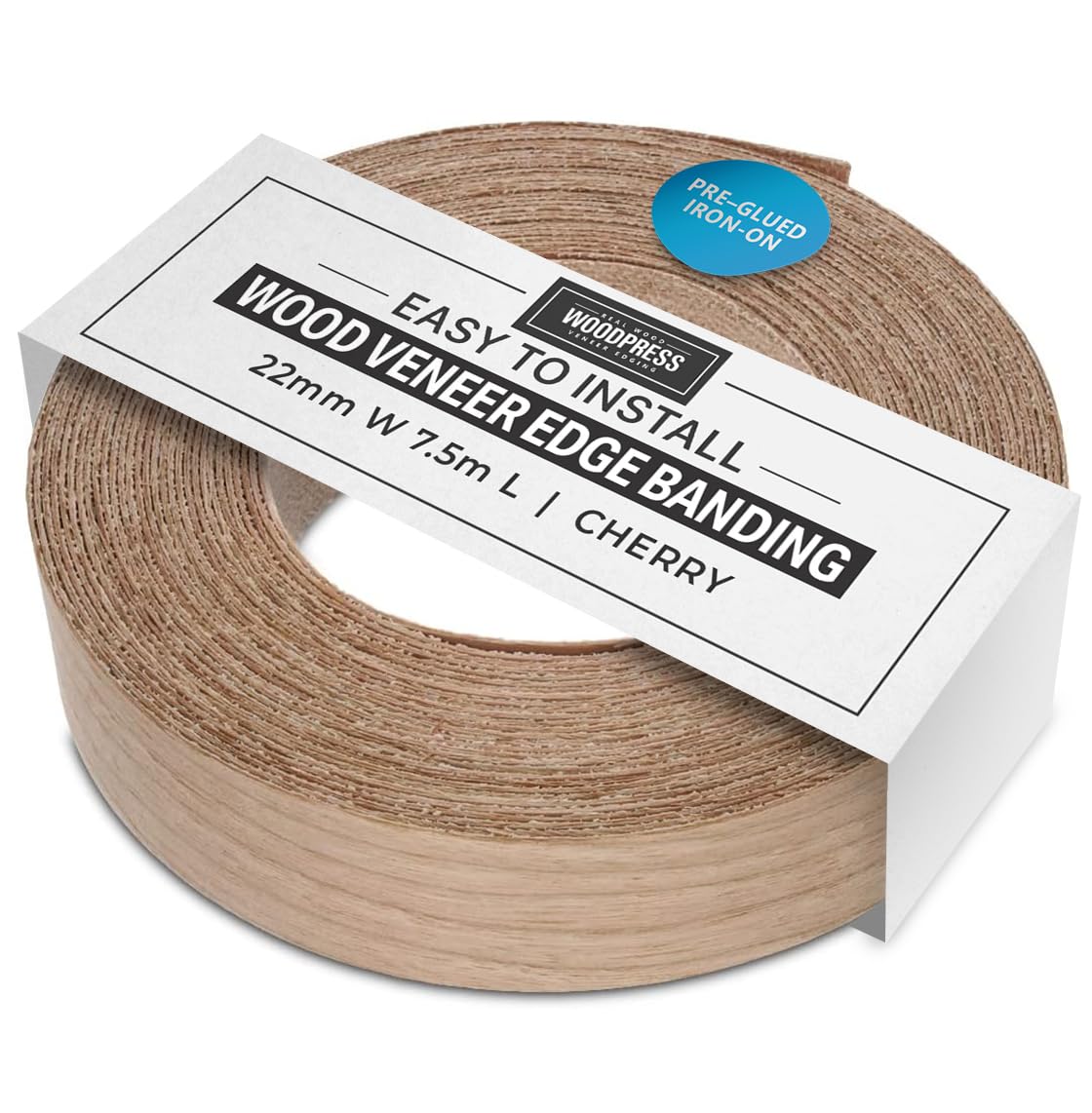 WoodPress® 22mm Real Cherry Wood Iron-On Edging – 7.5m Roll – Pre-Glued Wood Veneer Tape for Easy DIY Application – Will Cover the Edge of a Standard MDF Panel