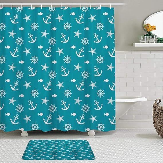 GugeABC Stoff Duschvorhang und Matten Set,Nautische Ozean Kreaturen
