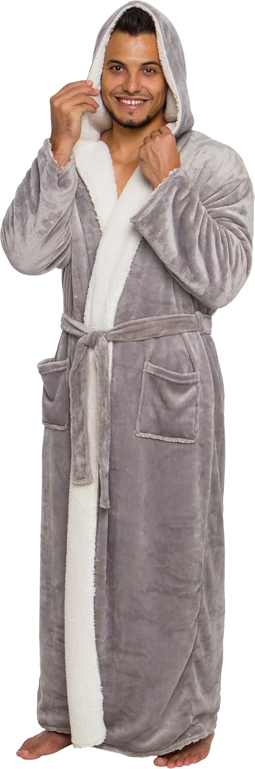 Ross Michaels Mens Sherpa-Lined Hooded Long Bathrobe - Full Length Luxury Plush Big & Tall Robe (Grey, L/XL) at  Men’s Clothing store