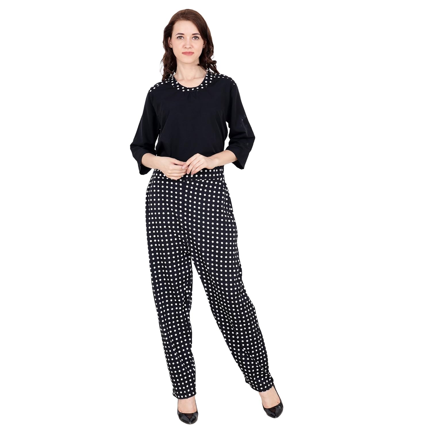my swag women's crepe round neck dot print jumpsuit