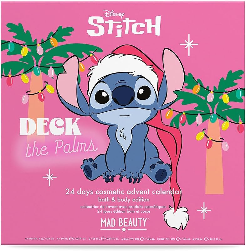 – Disney STITCH Adventskalender mit 24 Kosmetik Produkten, Wellness Adventskalender für Frauen & Mädchen mit Gesichtsmaske, Bodylotion, Haargummi, Nagelfeile – Weihnachtskalender Beauty