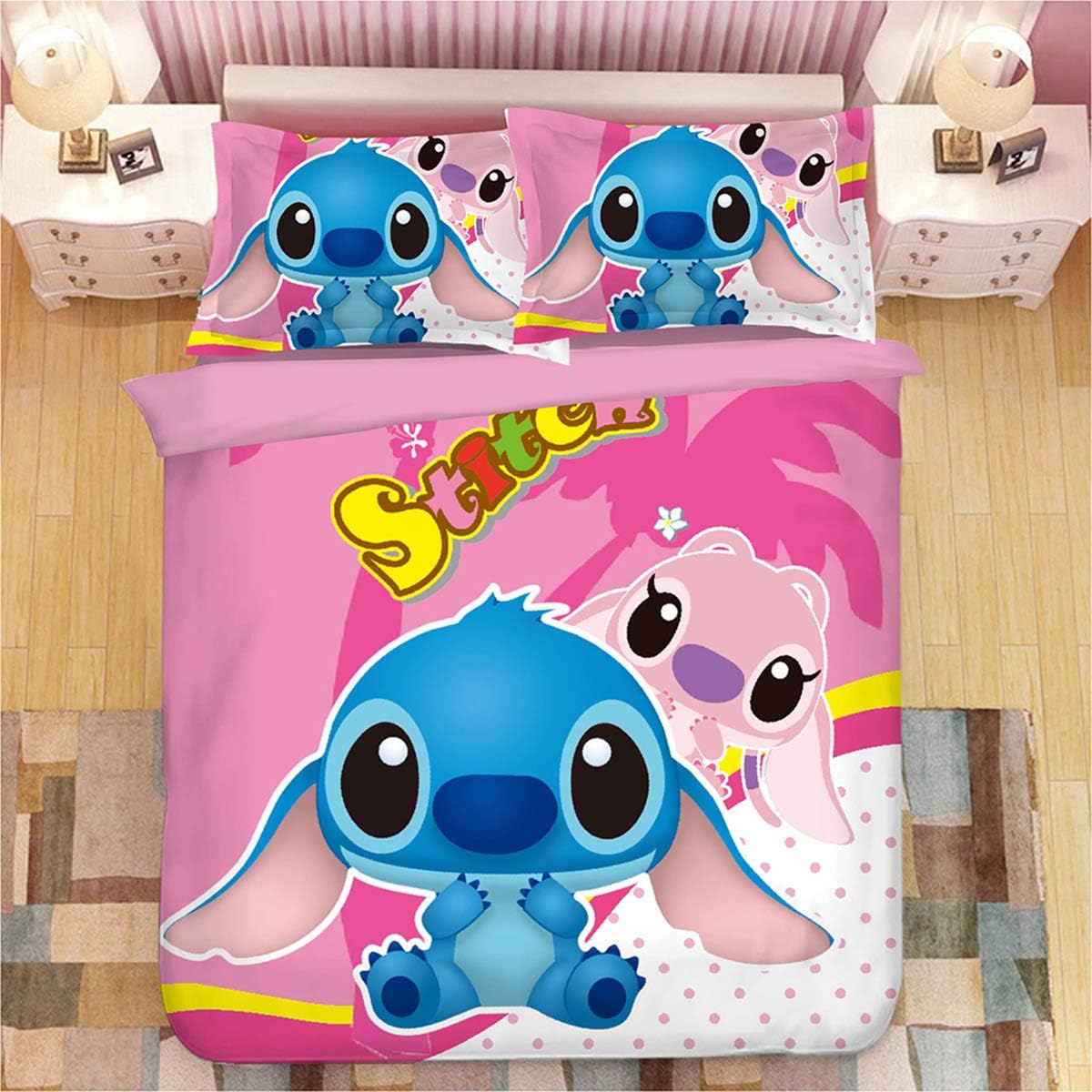 Leezeshaw 3 Pcs Cartoon Stitch Print Duvet Cover Set with Two Pillow