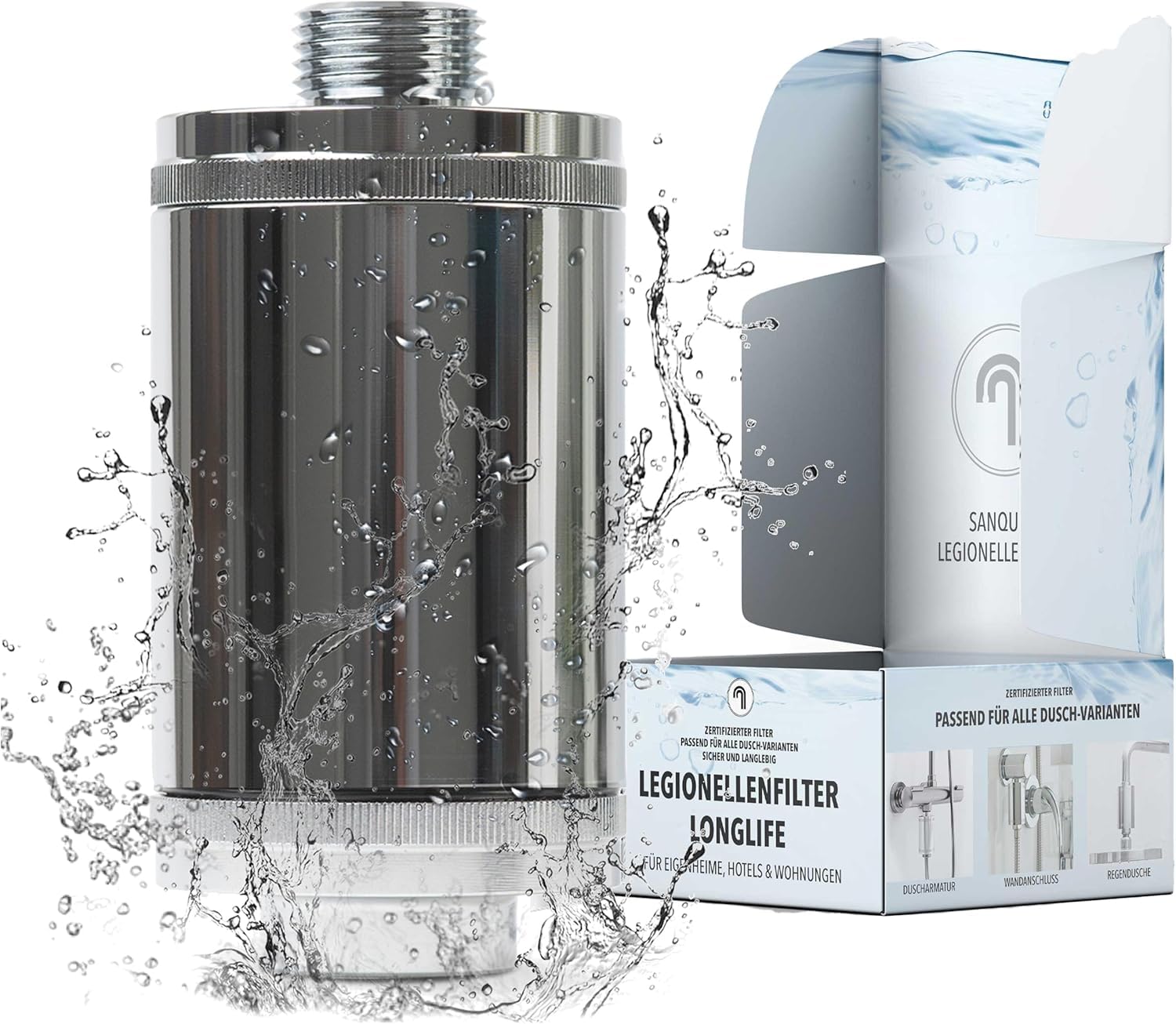 Legionella Filter Longlife | Bathroom Shower Filter | Certified | Complete Set with Replacement Filter | Immediate Protection for Home, Hotel | Elegant and Discreet