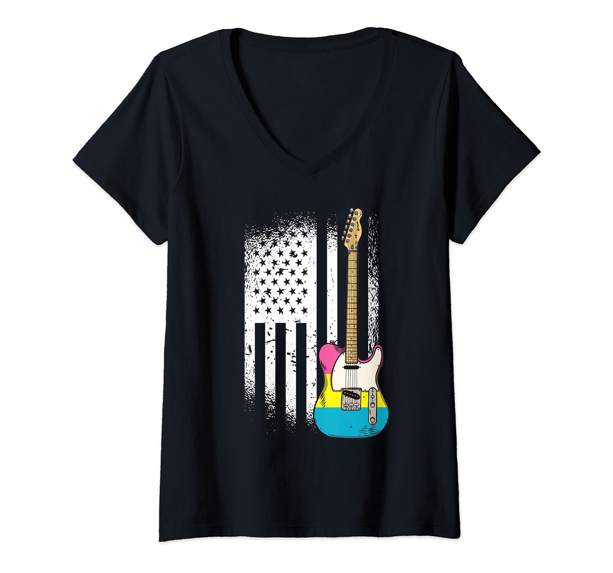 Womens American Flag Guitar Pansexual Pride LGBT-Q Ally Guitarist V-Neck T-Shirt