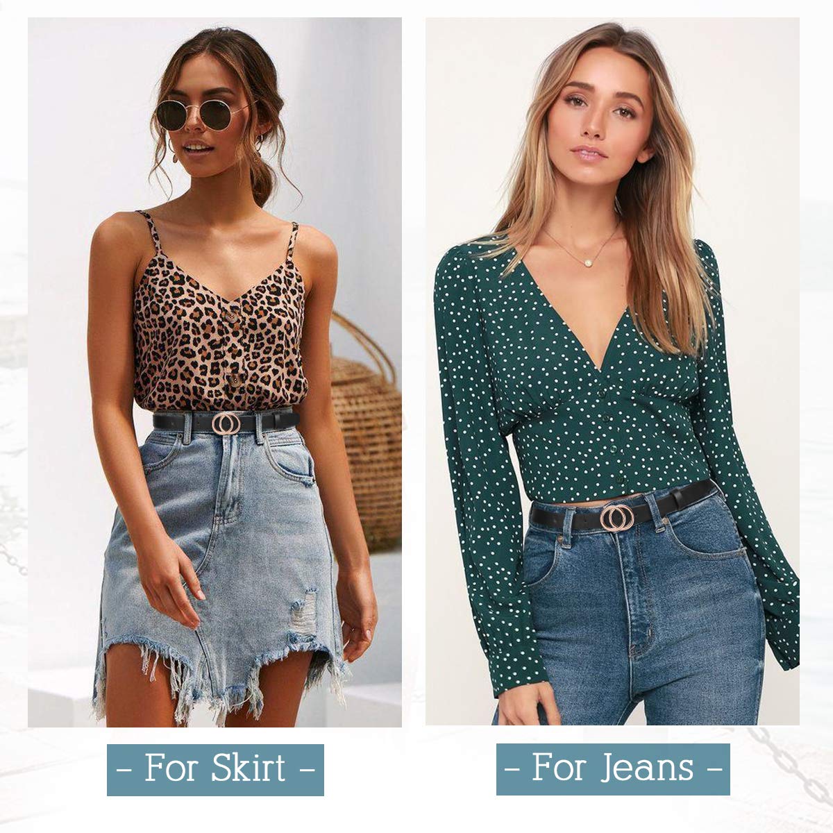 Women\'s Leather Skinny Belts for Dress Jeans Pants Fashion Soft Leather Waist Belts with Double O-Ring Buckle