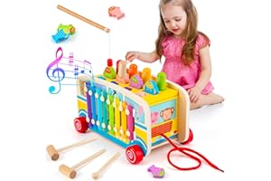 Sundaymot Wooden Montessori Toys for 1 Year Old, Hammering Pounding Toys, with Whack a mole Fishing Game Xylophone Preschool Learning Educational Toys, for 1 2 3 Year Toddler Christmas Birthday Gift