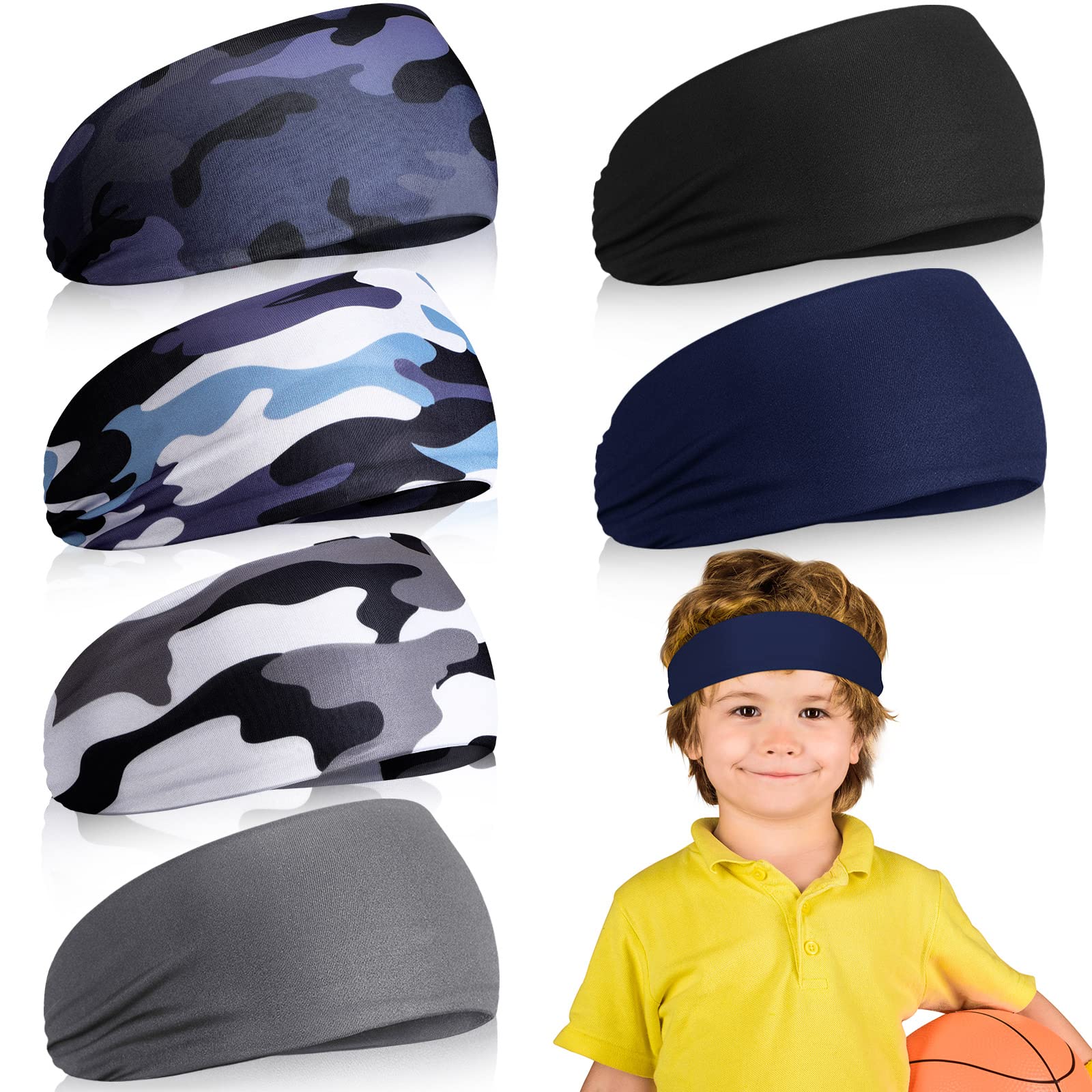 Photo 1 of 6 Pcs Athletic Headbands for Kids - Boys Football Sweatbands, Sweat Absorbing Elastic Hairbands (Camouflage Color)