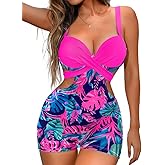 ChiaoLezhee Tropical Monokini Swimsuits with Shorts, Push Up Tummy Control, One Piece Bathing Suit for Women