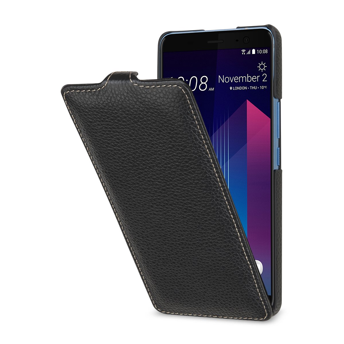 StilGut Slim Vertical Flip Case for HTC U11 Plus/U11+, Genuine Leather HTC U11 Plus Case with Auto Wake/Sleep Function, Black — image 1
