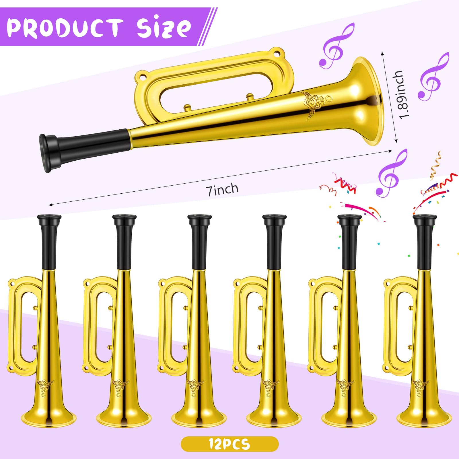 Poen 12 Pcs Toy Trumpet Kids Mini Metallic Trumpet Parties Musical Blow Horn Instruments Plastic Noise Makers for Kids Events Party Favors Music Class Stage Props 7 Inch Easter Day(Gold)