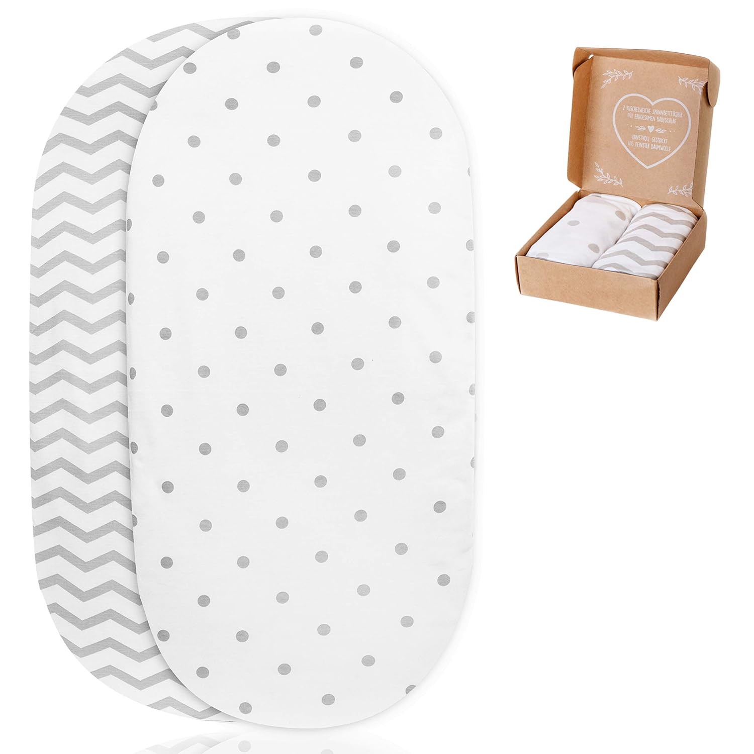 mimaDu 2 x Premium Kinderwagen Spannbettlaken, 78x36, 80x40 cm, Stubenwagen Bezug - OEKO-Tex 100% Jersey Baumwolle - kuschelweiche Spannbetttuecher (Zig-Zag Punkte Grau Weiss, 78x36)