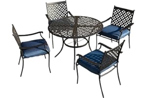 LOKATSE HOME 5 Piece Outdoor Patio Metal Dining Set with 4 Outdoor Iron Arm Dining Chairs with Seat Cushions and 1 Outdoor Dining Table with Umbrella Hole-Blue