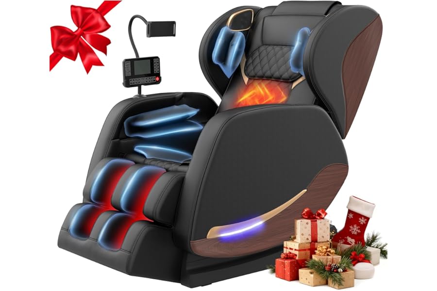 2025 Massage Chair, Massage Chairs Full Body and Recliner with 10 Fixed Points, Zero Gravity, Wood Grain Leather, Foot Massage, Airbags, Lumbar Heating, Bluetooth and Control Screen (Classic Black)