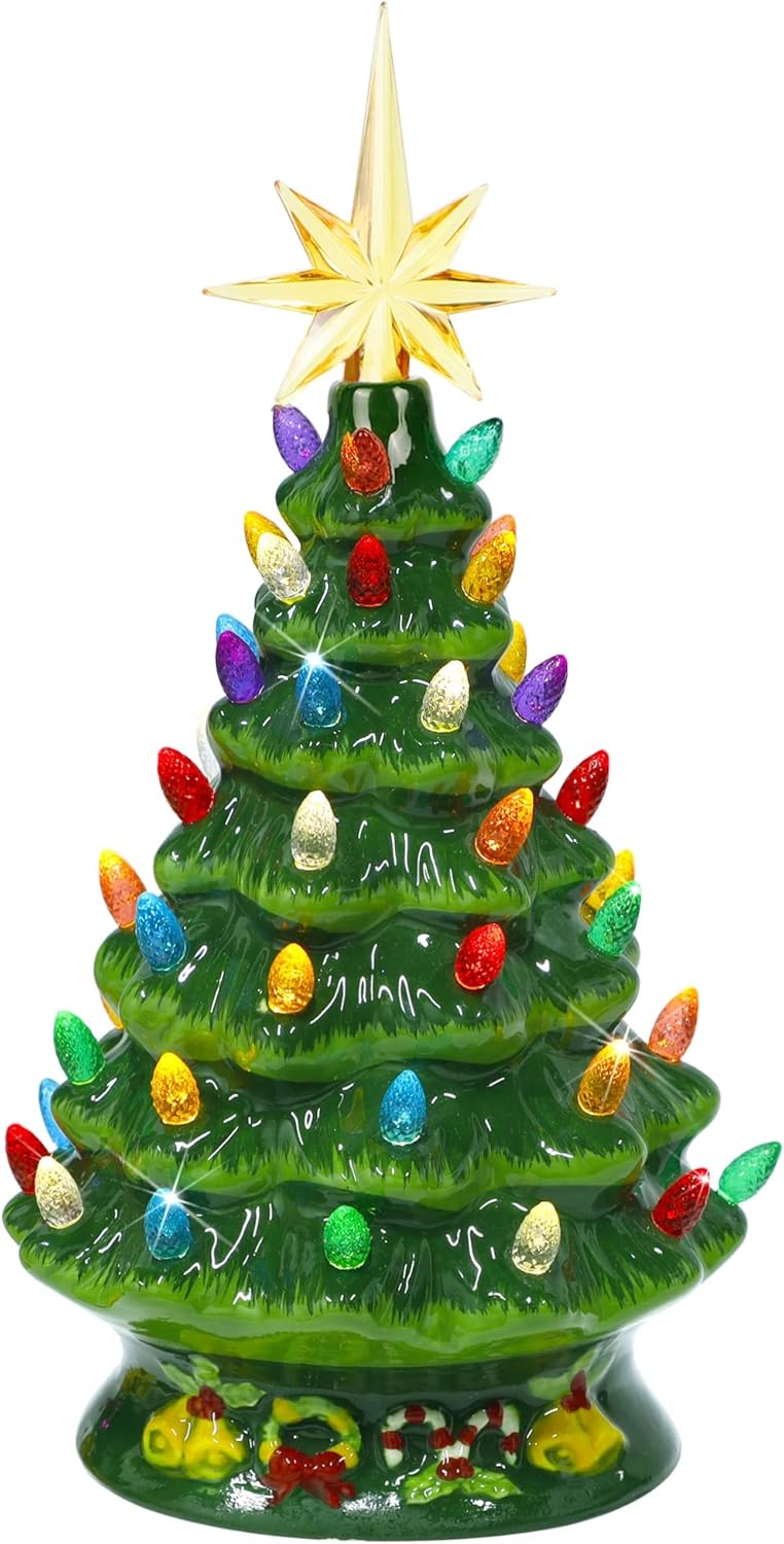 Tree Toppers - Biswing Lighted Christmas Tabletop Ceramic Tree, 10 Inch Pre-lit Mini Xmas Green Tree with Star Topper & Multicolor Bulb Lights, Vintage Pine Tree Battery Powered for Home Holiday Decorations