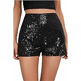 Sequin Shorts for Women, High Waisted Elastic Straight Leg Hot Pants, Party Concert Glitter Sparkle Rave Shorts
