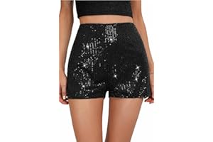 WISHU Sequin Shorts for Women, High Waisted Elastic Straight Leg Hot Pants, Party Concert Glitter Sparkle Rave Shorts