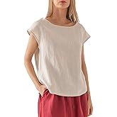 Amazhiyu Womens 100% Linen Casual Cap Sleeve Tops Basic Summer Loose Fit Blouse