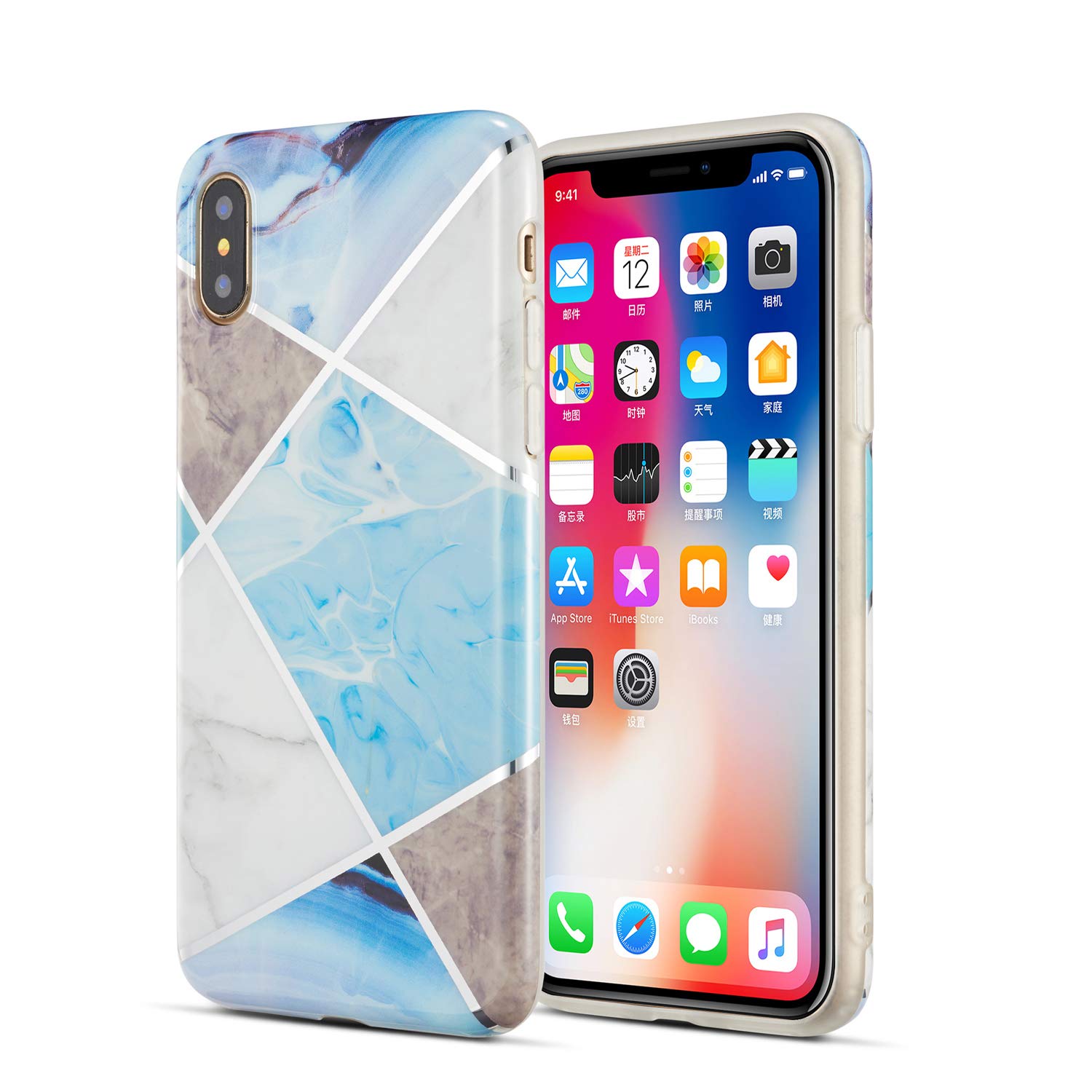 DEFBSC for iPhone X/iPhone Xs Marble Case, Simple Marble Pattern Slim Soft TPU Shockproof Anti-Scratch Back Cover Case for iPhone X/iPhone Xs, Blue