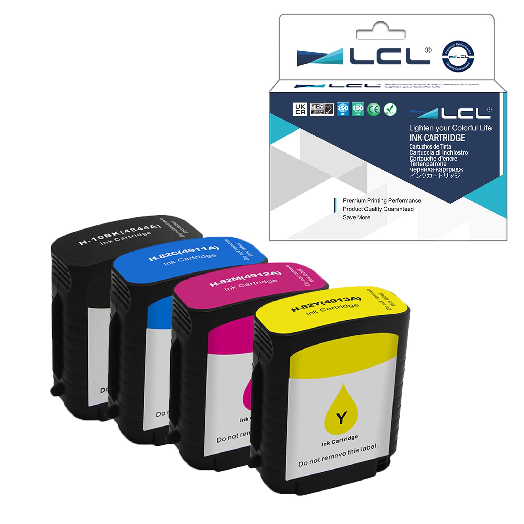 LCL Compatible Ink Cartridge 10 82 C4844A C4911A C4912A C4913A (4-pack Black Cyan Magenta Yellow) Replacement for HP Designjet 100 100plus 500 500ps 500Plus 800 800ps 815 815mfp 820 820mfp