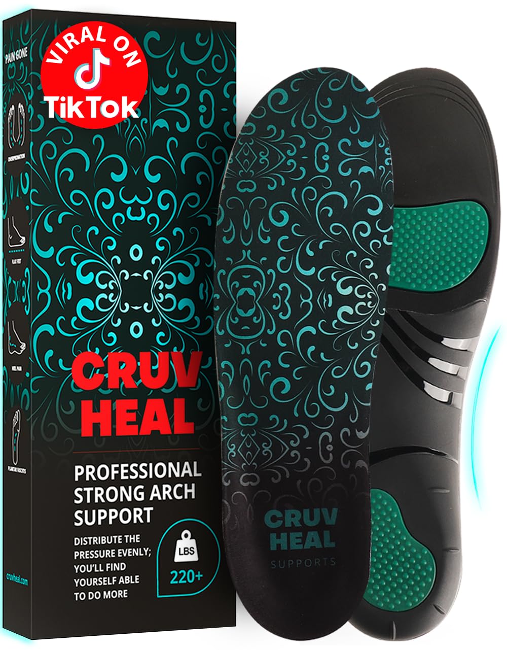 View 1 of 220+ lbs Plantar Fasciitis High Arch Support Insoles Men Women - Orthotic Shoe Inserts - Boot Work Shoe Insole (Emerald, M)