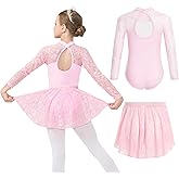Gogokids Ballet Leotards for Girls Long Sleve Lace Dance Leotards Toddler Dance Dress with Removable Skirt Combo
