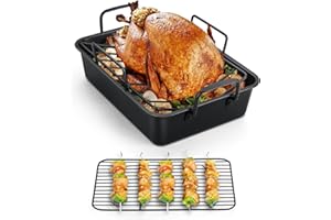 TeamFar Roasting Pan, 14” Nonstick Deep Lasagna Brownie Turkey Pan with V-Shaped Rack & Cooling Rack, with Stainless Steel Core & Nonstick Coating, Healthy & Heavy Duty, Easy to Clean, Set of 3
