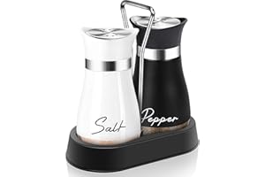 ARROZON Salt and Pepper Shakers Set with Holder,4 oz Bottom Salt Shaker with Stainless Steel Lid for Kitchen Gadgets Cooking Table Housewarming Gift Christmas Decor Refillable Design (Black + White)