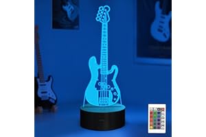 YuanDian Guitar Night Light, Electric Bass Guitar 3D LED Illusion Lamp, 16 Colors USB Powered & Battery Powered Touch Control with Remote, Creative Gifts for Teen Bass Player Music Lovers
