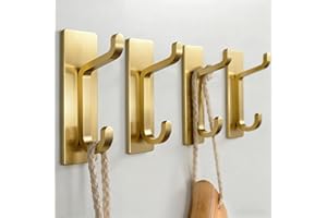 Josmimic Self Adhesive Wall Hooks for Hanging: Extra Strong 13 LB, Hook for Coat, Towel in Bathrooms, Shower, Kitchen, Wall, Door Hook, Brushed Gold 4 Pack