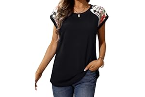Bofell Womens Summer Tops Cap Sleeve Floral Print Loose Fitting Tunic Shirts