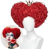 Wiggy Mermaid Red Heart Queen Wig Costume Women and Crown Cosplay Girls Pre-styled Fluffy Short Curly Halloween Anime Cosplay Party Wigs with Cap One Size