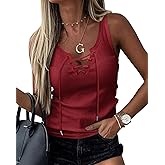 Womens Sexy V Neck Tank Shirts Top Sleeveless Casual Basic Drawstring Rib Knit Tops