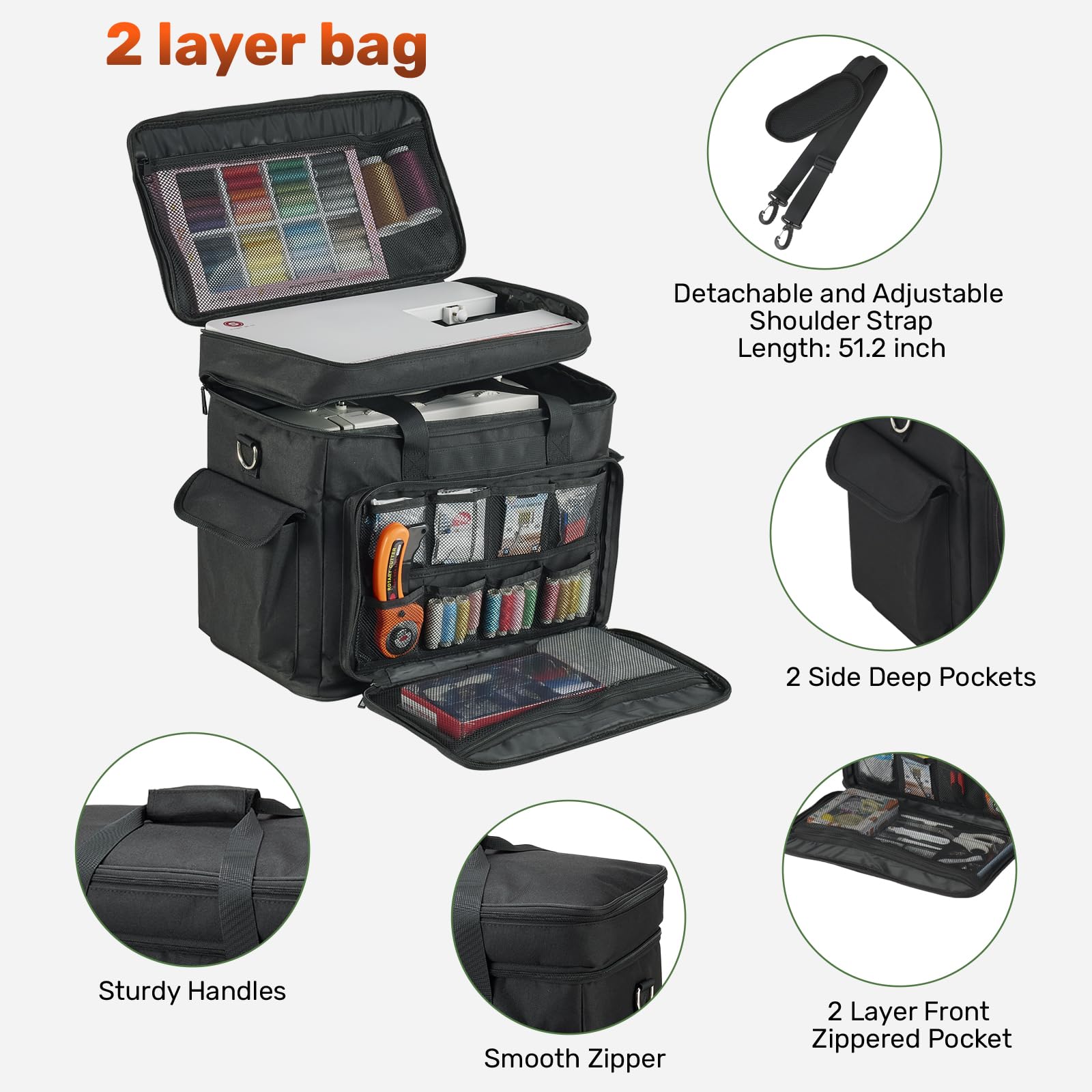 PENGDA 2 Layer Sewing Machine Case with Adjustable Shoulder Strap Sewing Machine Carrying Case Universal Tote Bag for Sewing Machine and Sewing Accessories Storage Black