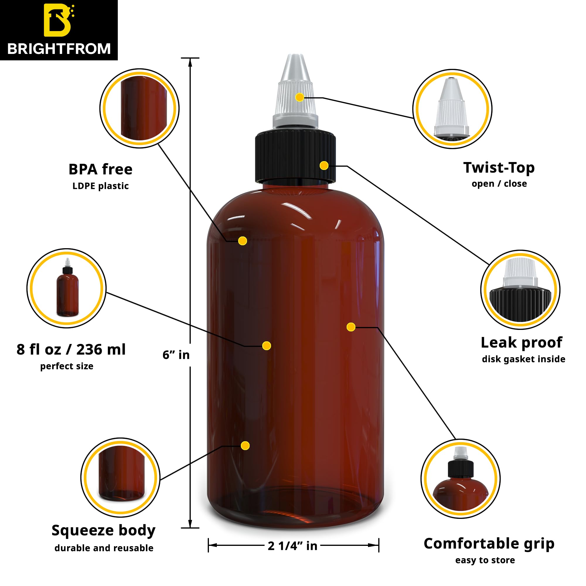 BRIGHTFROM Twist Top Applicator Bottles, 8 OZ Amber, Squeeze Empty Round Plastic Bottles, BPA-Free, PET, Refillable, Open/Close Nozzle (Black) - Multi Purpose (Pack of 2)